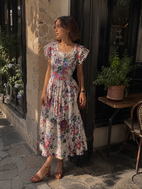 Dresses & Skirts - Vintage Clues Garden Floral Cottagecore Prairie Midi Dress Romantic Boho Size 8